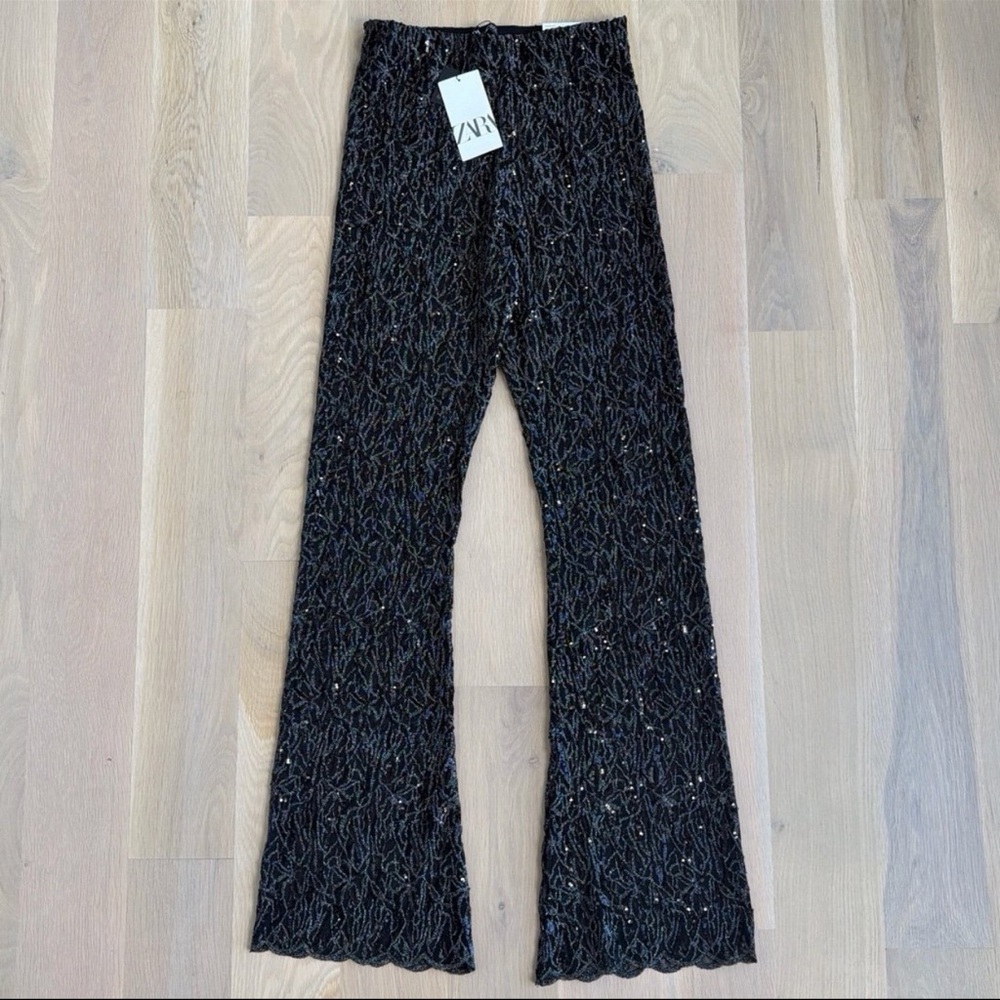 ZARA Black Sequin Lace Flare Pants M NWT Sheer Party Festival - Picture 3 of 8